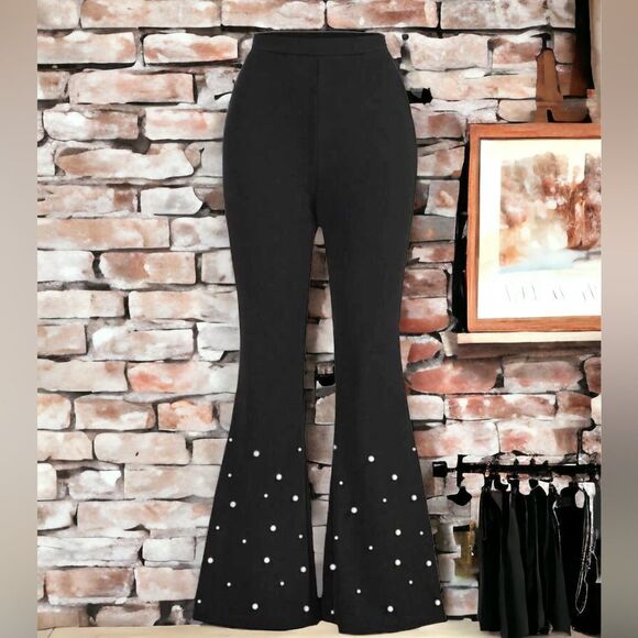 SHEIN NEW PRIVE PEARLS BEADED FLARE PEG PANTS BLACK  LARGE 8-10 - Picture 3 of 6